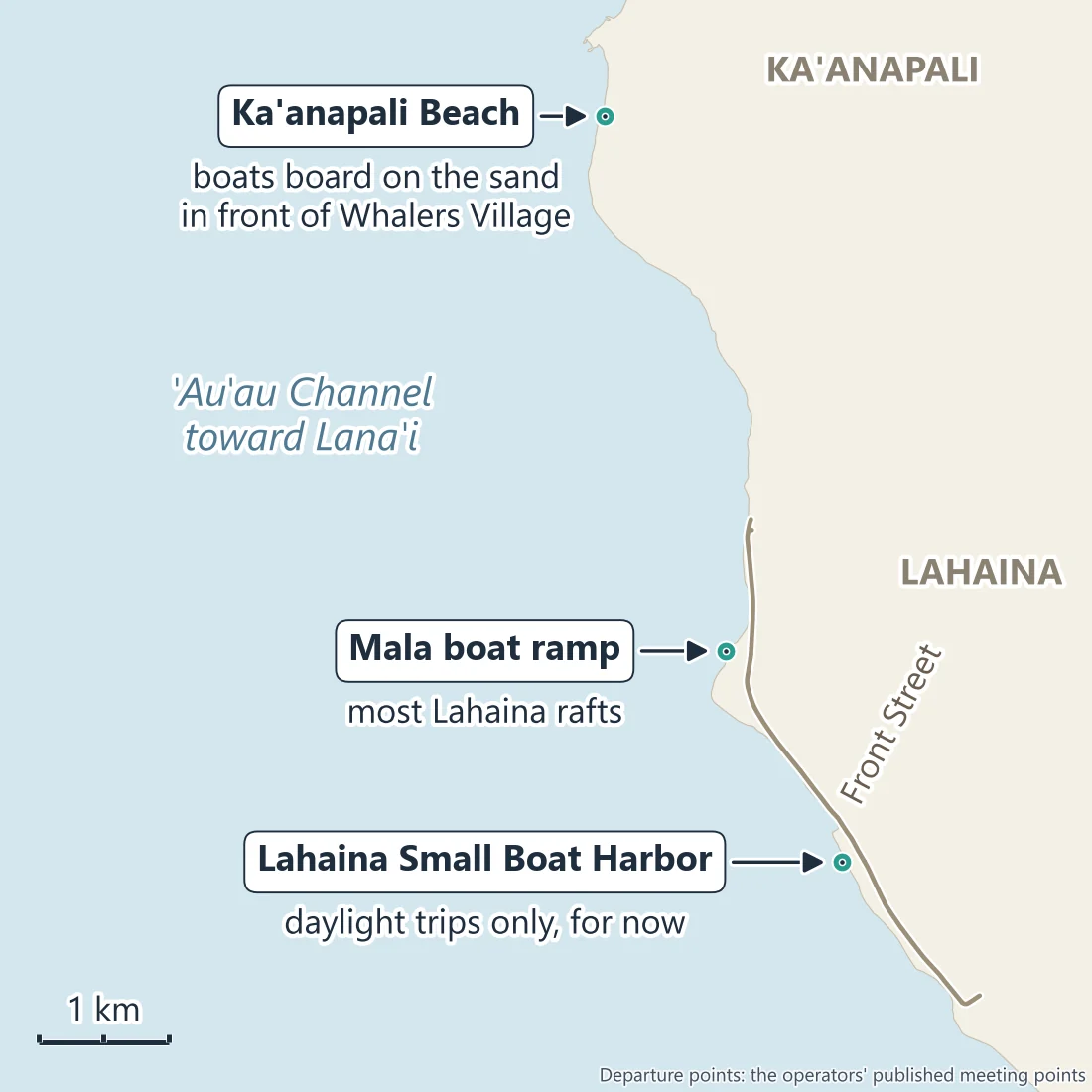 Map of the West Maui coast from Ka'anapali to Lahaina: Ka'anapali Beach in front of Whalers Village, the Mala boat ramp at the north end of Front Street, and Lahaina Small Boat Harbor, facing the 'Au'au Channel toward Lana'i