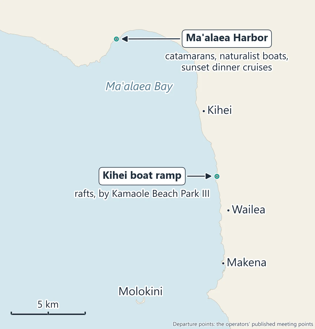Map of South Maui: Ma'alaea Harbor at the head of Ma'alaea Bay, the Kihei boat ramp by Kamaole Beach Park III, Kihei, Wailea and Makena along the south shore, and Molokini offshore